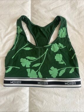Woxer Dark Green Floral Racerback Sports Bra with Light Green Print